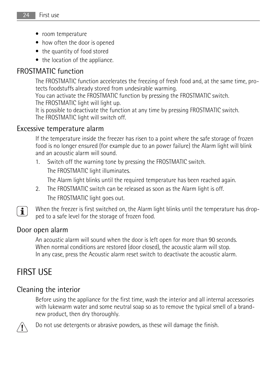 First use, Frostmatic function, Excessive temperature alarm | Door open alarm, Cleaning the interior | AEG AGS57200S0 User Manual | Page 24 / 84