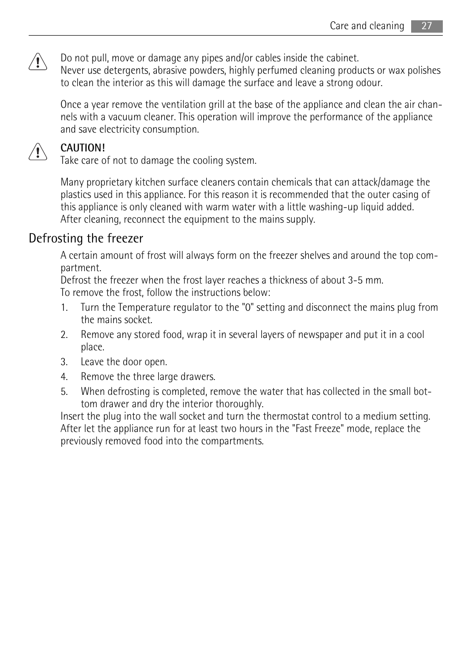 Defrosting the freezer | AEG AGS57200S0 User Manual | Page 27 / 84