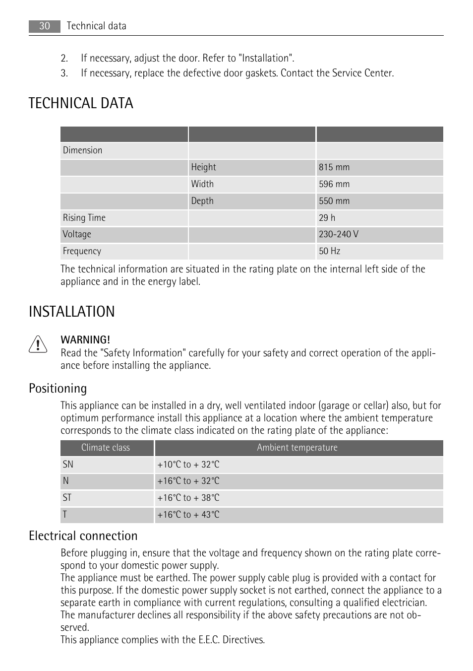 Technical data, Installation, Positioning | Electrical connection | AEG AGS57200S0 User Manual | Page 30 / 84