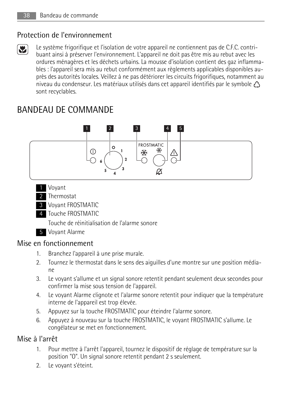 Bandeau de commande, Protection de l'environnement, Mise en fonctionnement | Mise à l'arrêt | AEG AGS57200S0 User Manual | Page 38 / 84