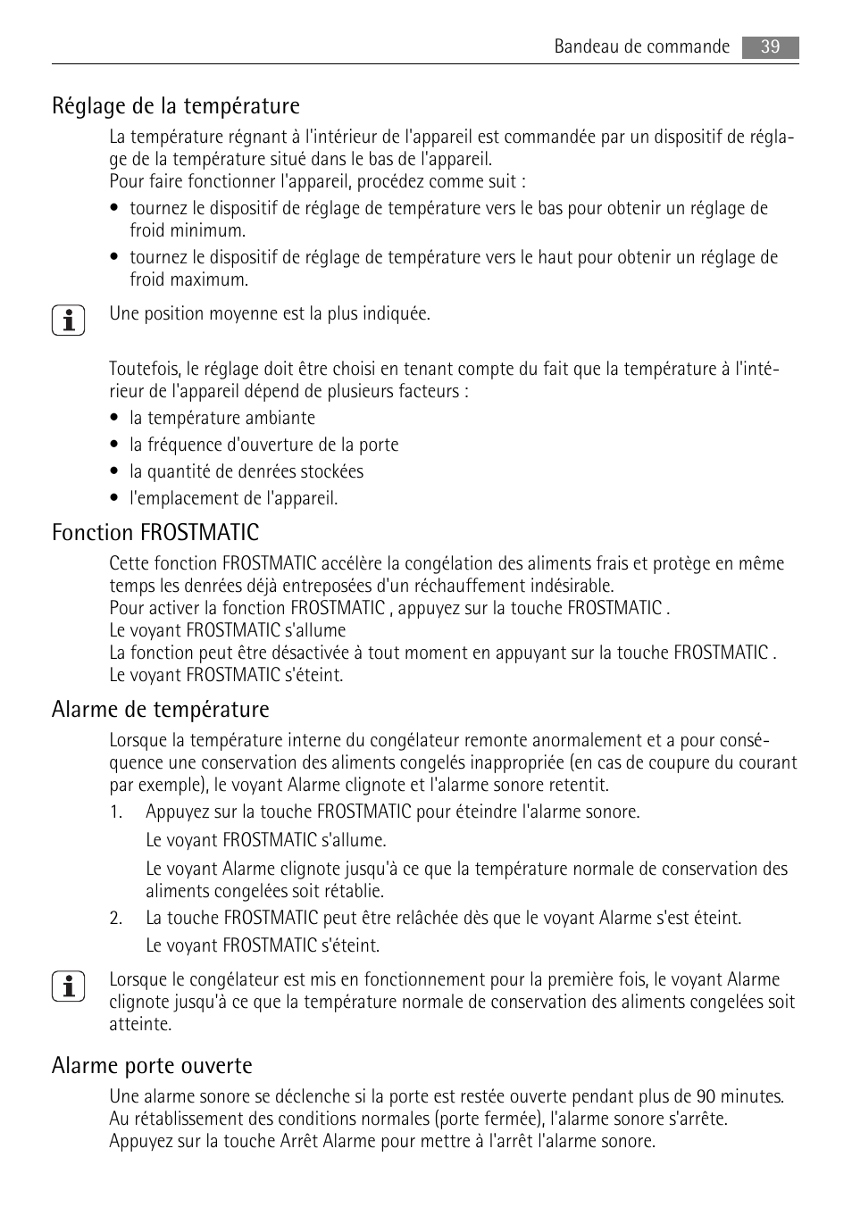 Réglage de la température, Fonction frostmatic, Alarme de température | Alarme porte ouverte | AEG AGS57200S0 User Manual | Page 39 / 84