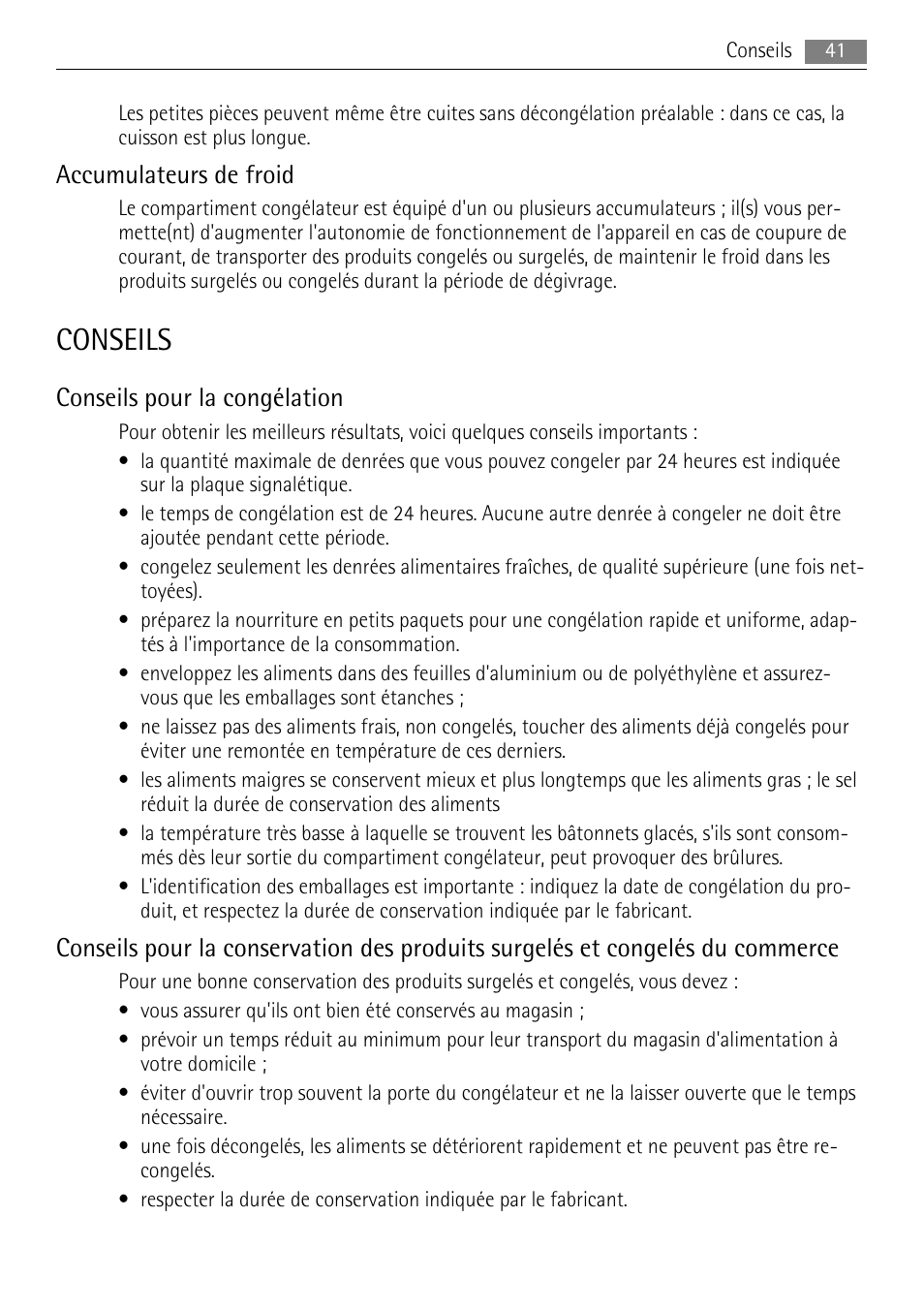 Conseils, Accumulateurs de froid, Conseils pour la congélation | AEG AGS57200S0 User Manual | Page 41 / 84