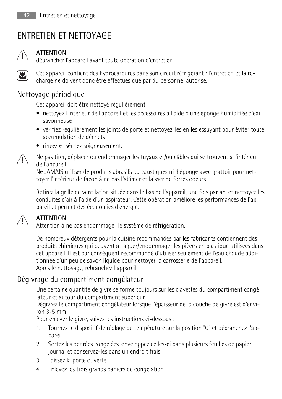Entretien et nettoyage, Nettoyage périodique, Dégivrage du compartiment congélateur | AEG AGS57200S0 User Manual | Page 42 / 84