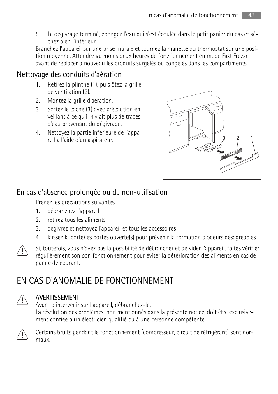En cas d'anomalie de fonctionnement, Nettoyage des conduits d'aération, En cas d'absence prolongée ou de non-utilisation | AEG AGS57200S0 User Manual | Page 43 / 84