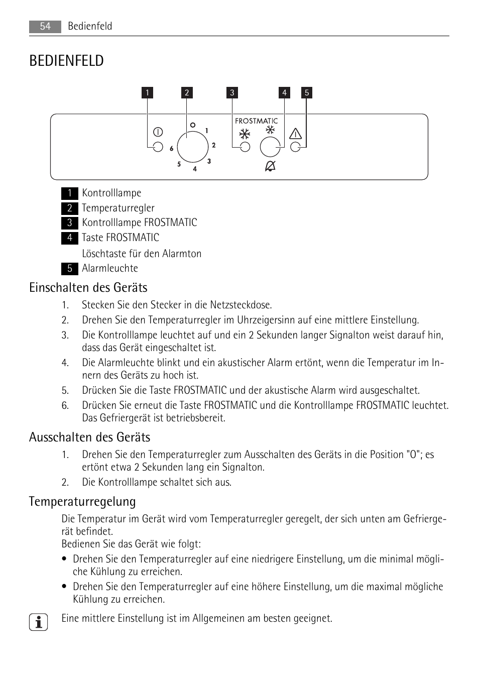 Bedienfeld, Einschalten des geräts, Ausschalten des geräts | Temperaturregelung | AEG AGS57200S0 User Manual | Page 54 / 84