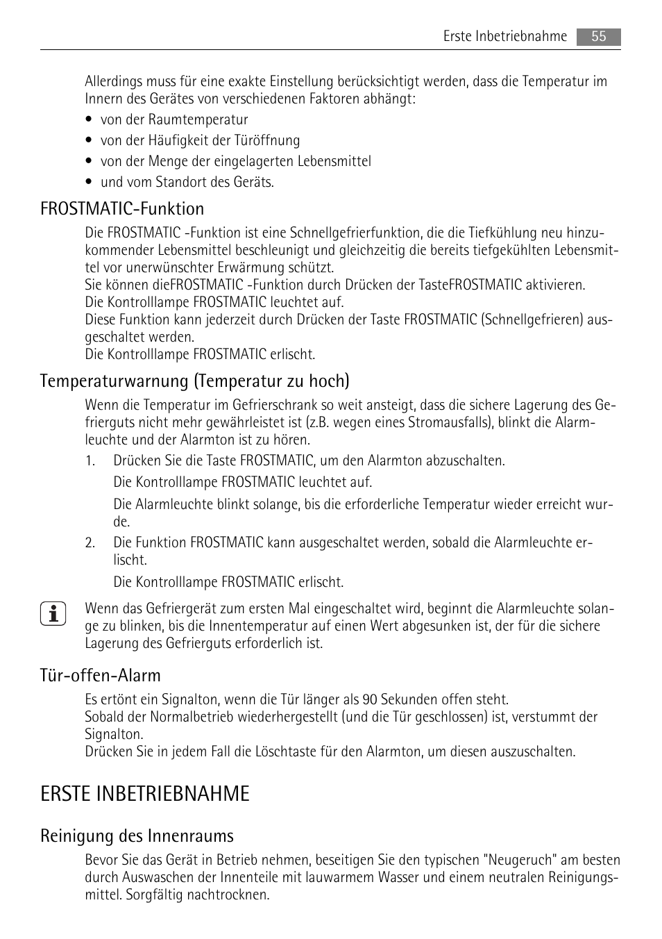 Erste inbetriebnahme, Frostmatic-funktion, Temperaturwarnung (temperatur zu hoch) | Tür-offen-alarm, Reinigung des innenraums | AEG AGS57200S0 User Manual | Page 55 / 84