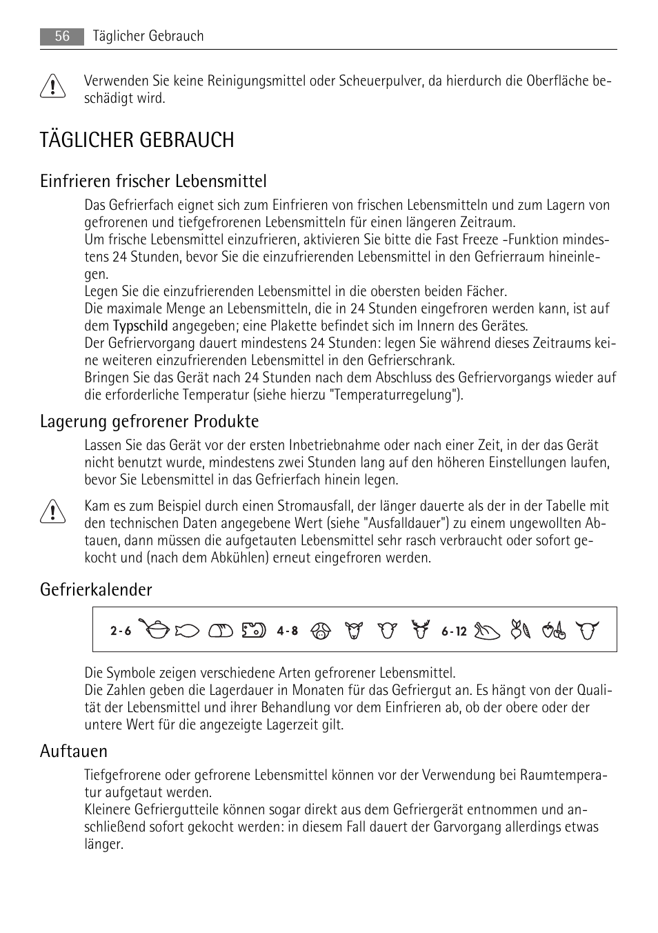Täglicher gebrauch, Einfrieren frischer lebensmittel, Lagerung gefrorener produkte | Gefrierkalender, Auftauen | AEG AGS57200S0 User Manual | Page 56 / 84