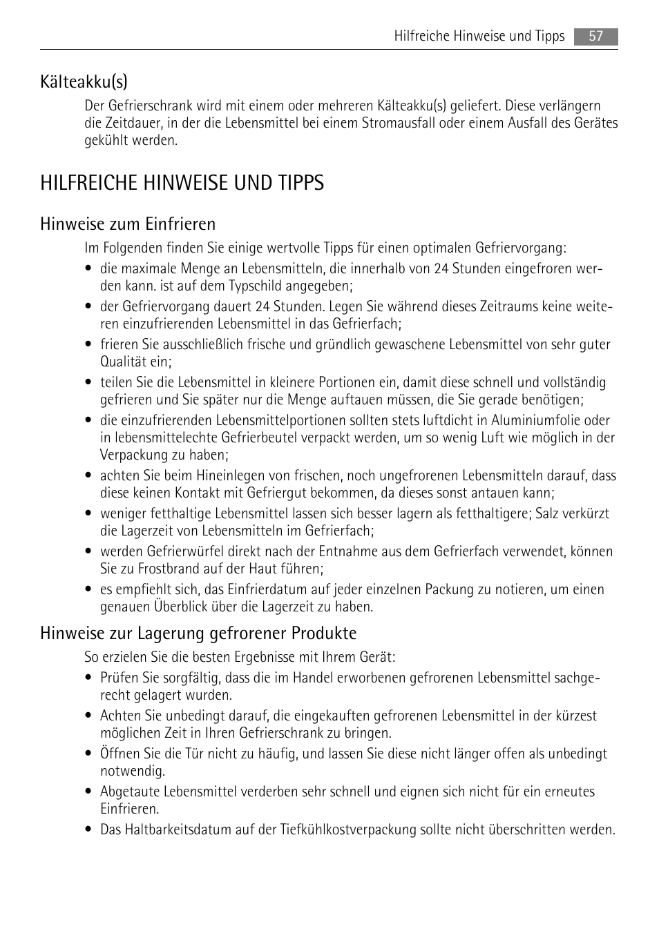 Hilfreiche hinweise und tipps, Kälteakku(s), Hinweise zum einfrieren | Hinweise zur lagerung gefrorener produkte | AEG AGS57200S0 User Manual | Page 57 / 84