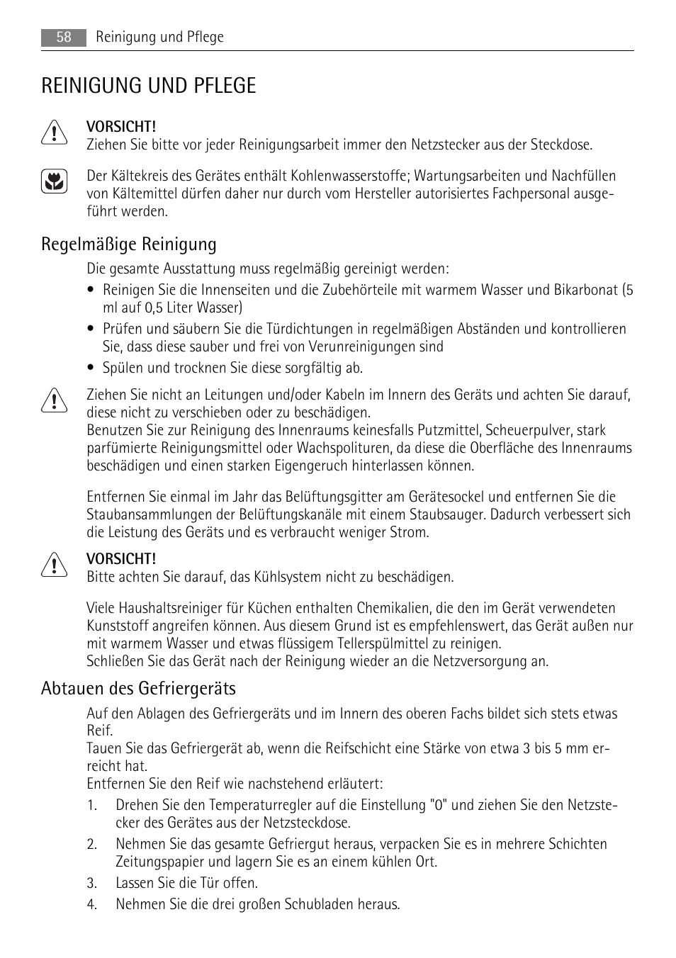 Reinigung und pflege, Regelmäßige reinigung, Abtauen des gefriergeräts | AEG AGS57200S0 User Manual | Page 58 / 84