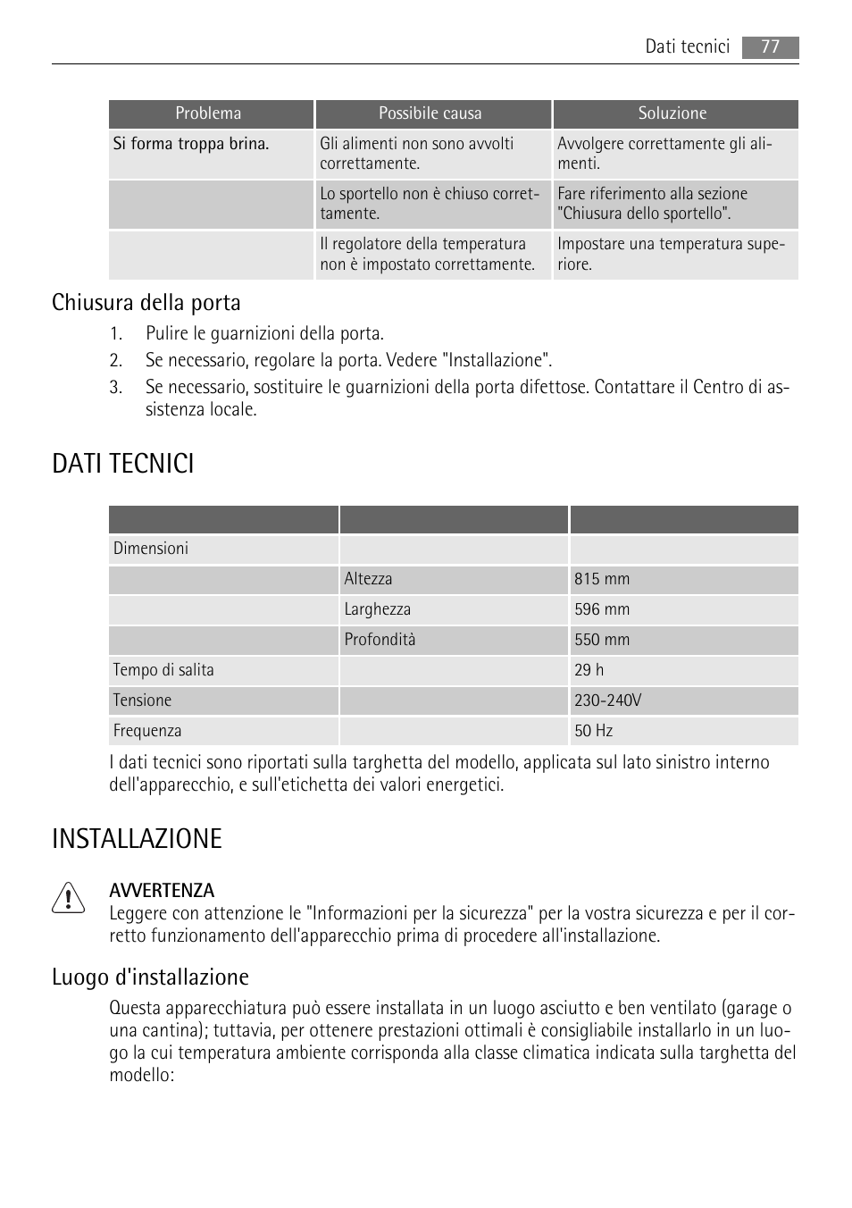 Dati tecnici, Installazione, Chiusura della porta | Luogo d'installazione | AEG AGS57200S0 User Manual | Page 77 / 84