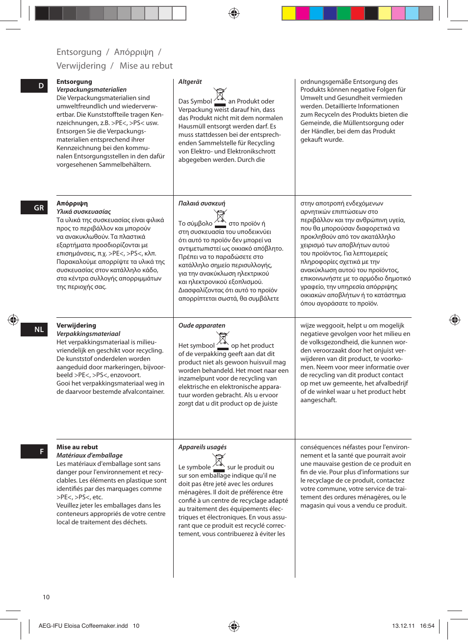 Entsorgung, Mise au rebut verwijdering, Απόρριψη | AEG EWA3110 User Manual | Page 10 / 24