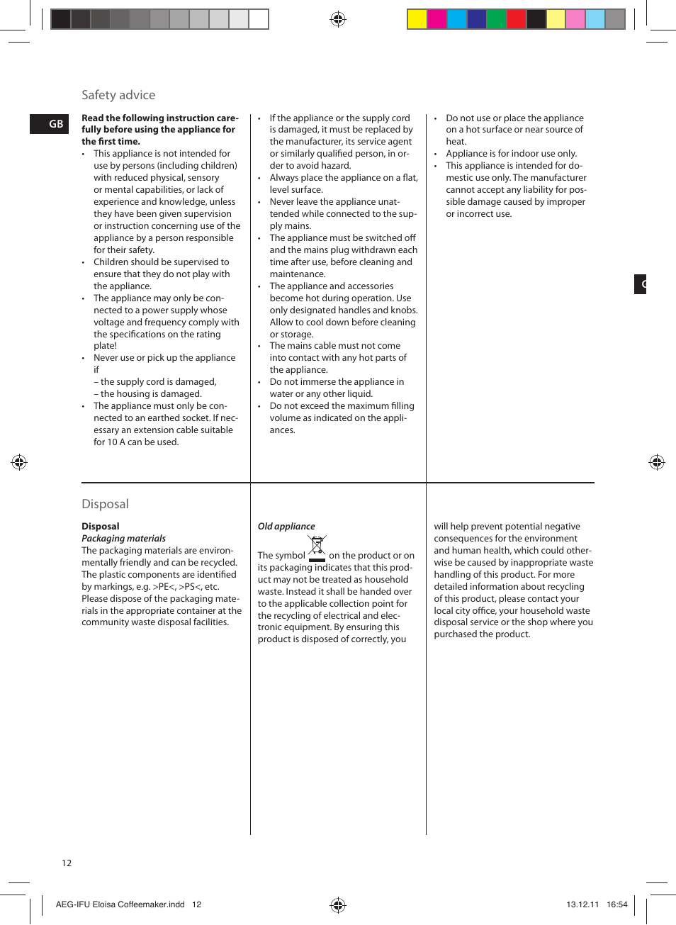 Safety advice, Disposal | AEG EWA3110 User Manual | Page 12 / 24