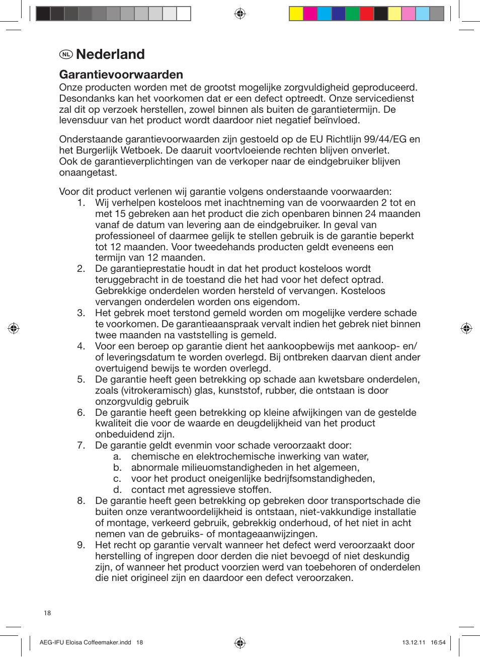 Nederland, Garantievoorwaarden | AEG EWA3110 User Manual | Page 18 / 24