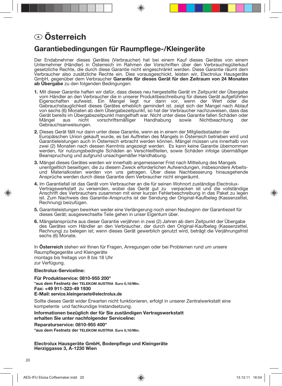 A österreich, Garantiebedingungen für raumpflege-/kleingeräte | AEG EWA3110 User Manual | Page 20 / 24