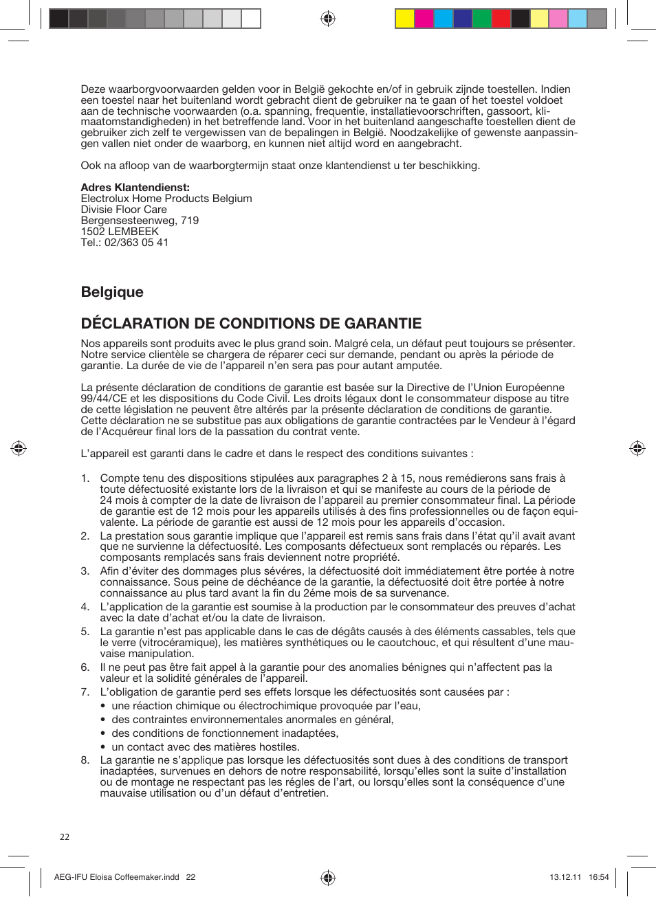 Belgique déclaration de conditions de garantie | AEG EWA3110 User Manual | Page 22 / 24