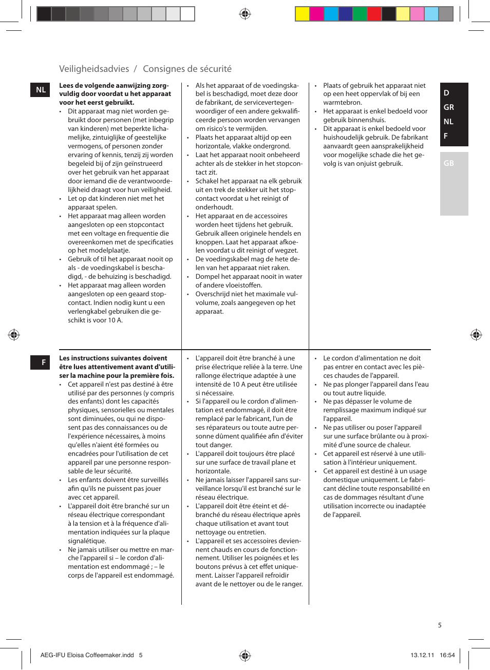 Veiligheidsadvies, Consignes de sécurité | AEG EWA3110 User Manual | Page 5 / 24