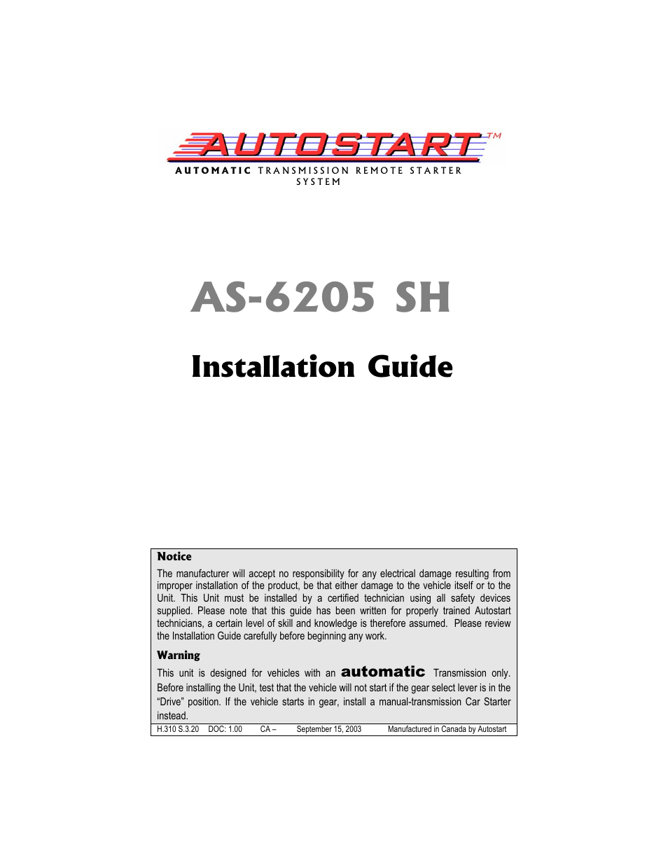 Autostart AS-6205 SH User Manual | 20 pages