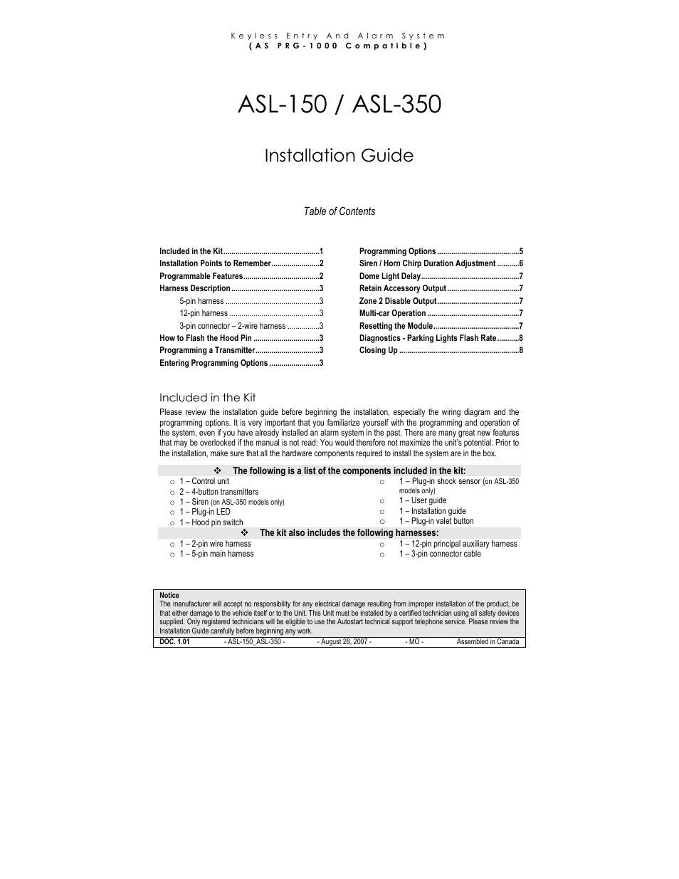 Autostart ASL-350 User Manual | 8 pages