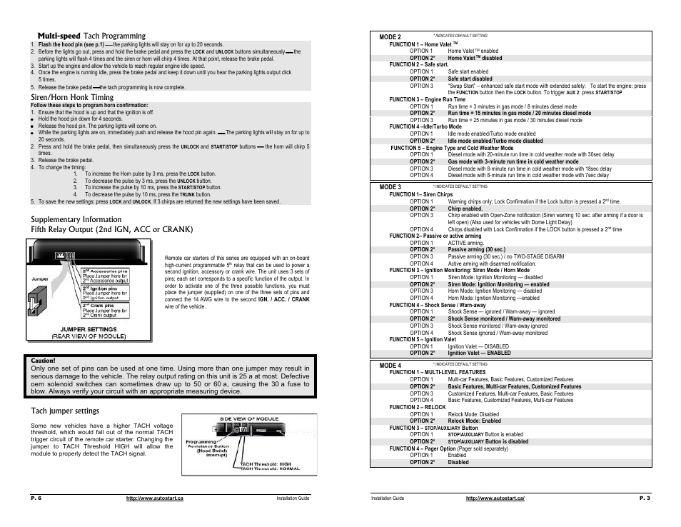Multi-speed, P. 6 p. 3, Tach programming | Siren/horn honk timing, Tach jumper settings | Autostart Two-way 4-Button LCD Manual Transmission Remote Starter with Full Alarm System User Manual | Page 3 / 4