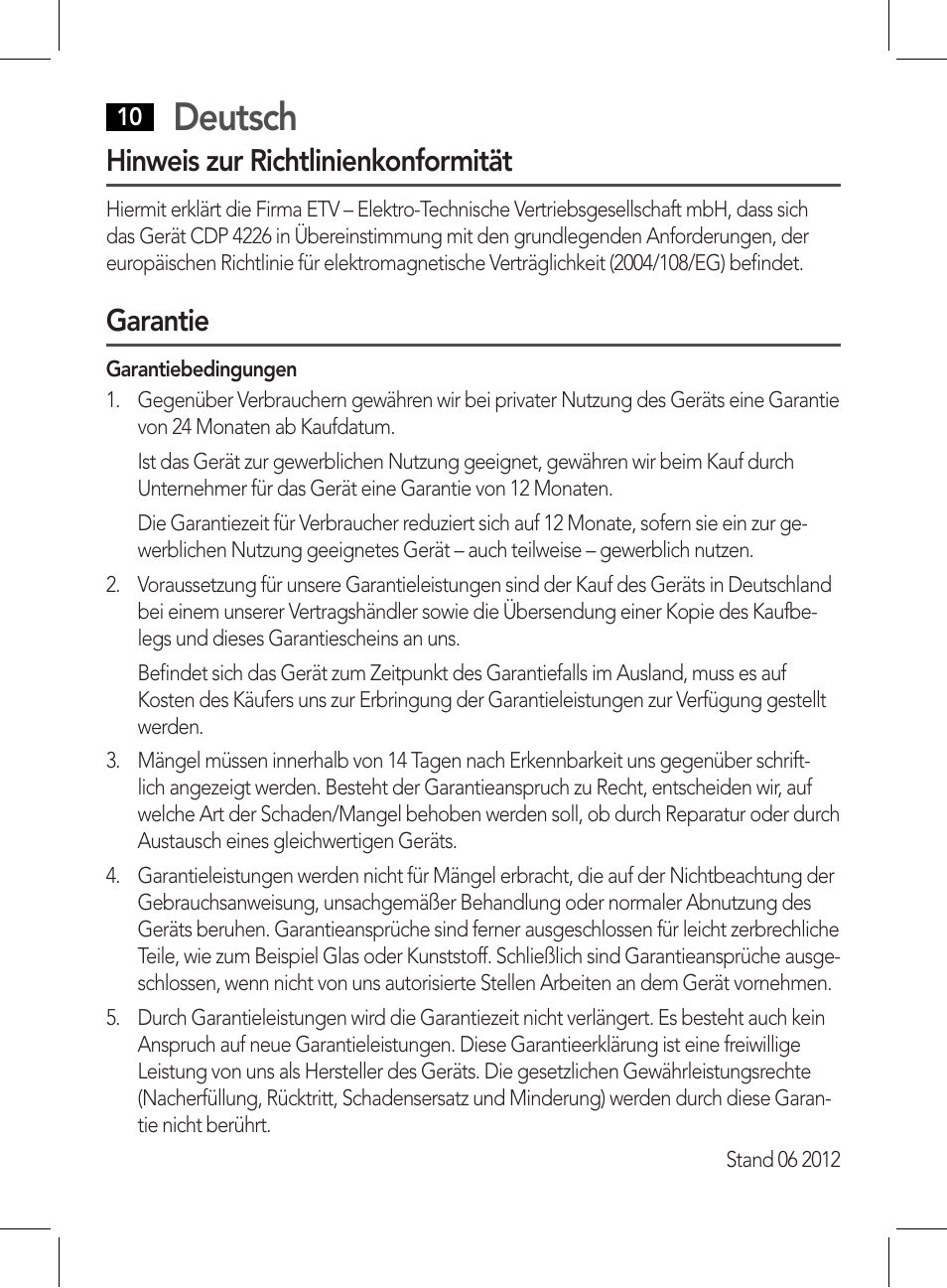 Deutsch, Hinweis zur richtlinienkonformität, Garantie | AEG CDP 4226 schwarz User Manual | Page 10 / 78