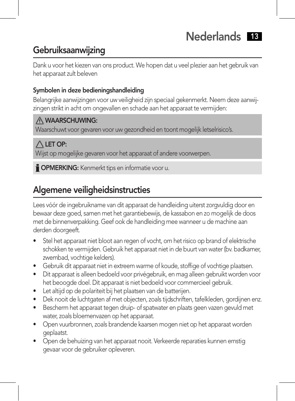 Nederlands, Gebruiksaanwijzing, Algemene veiligheidsinstructies | AEG CDP 4226 schwarz User Manual | Page 13 / 78