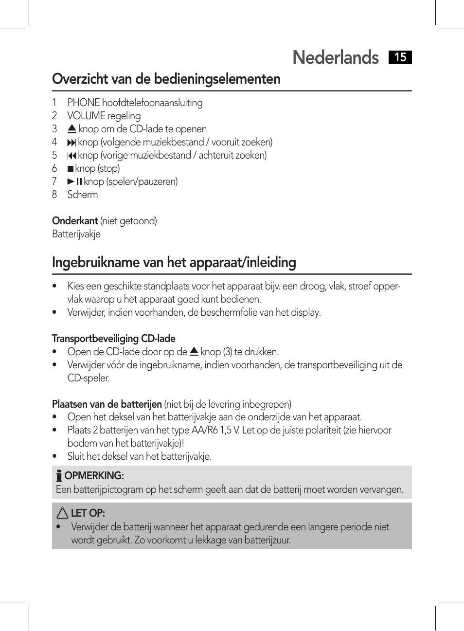 Nederlands, Overzicht van de bedieningselementen, Ingebruikname van het apparaat/inleiding | AEG CDP 4226 schwarz User Manual | Page 15 / 78