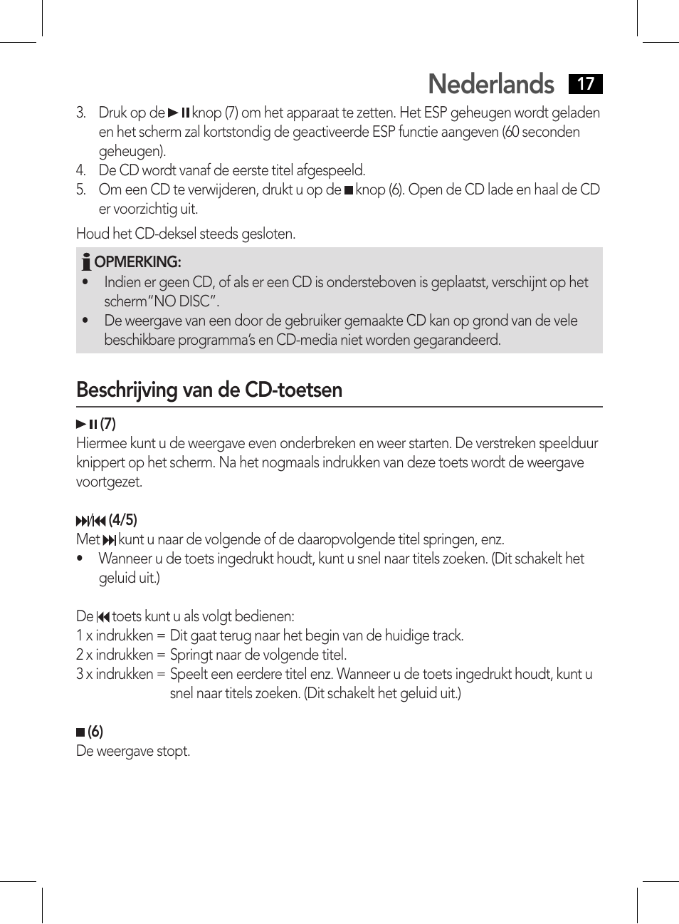 Nederlands, Beschrijving van de cd-toetsen | AEG CDP 4226 schwarz User Manual | Page 17 / 78