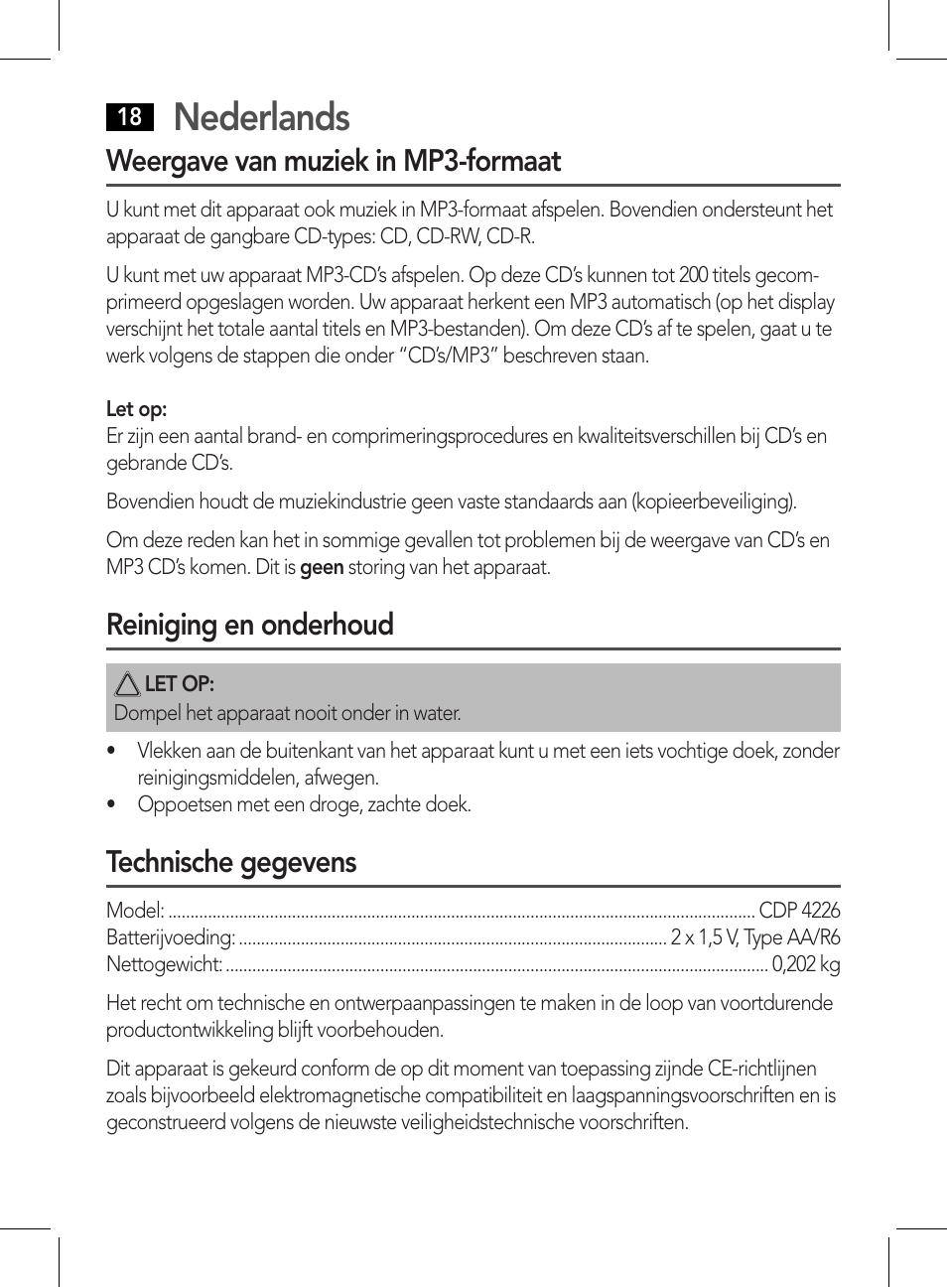 Nederlands, Weergave van muziek in mp3-formaat, Reiniging en onderhoud | Technische gegevens | AEG CDP 4226 schwarz User Manual | Page 18 / 78