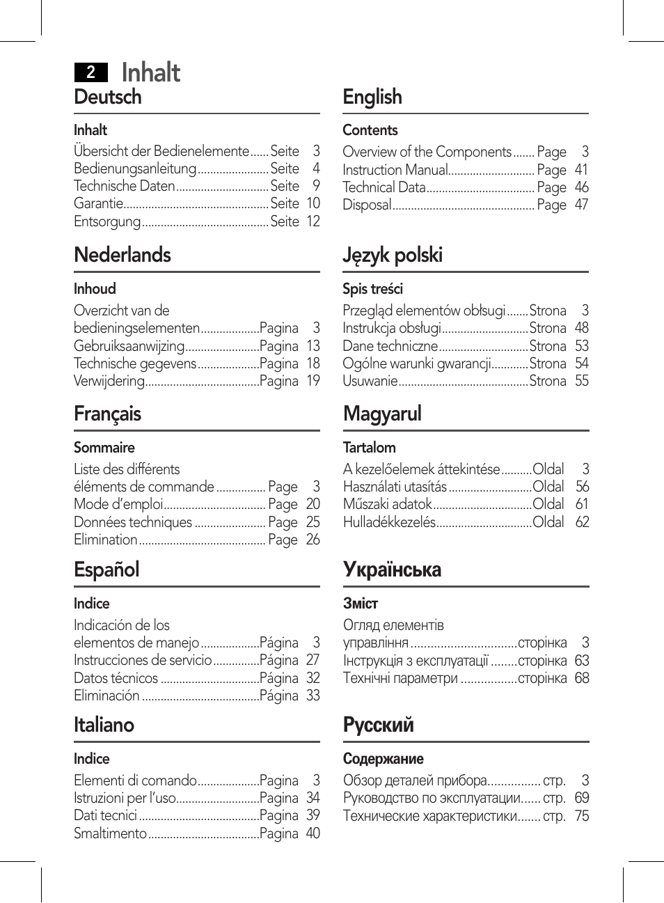 Inhalt, Deutsch, Nederlands | Français, Español, Italiano, Magyarul, English, Język polski, Українська | AEG CDP 4226 schwarz User Manual | Page 2 / 78