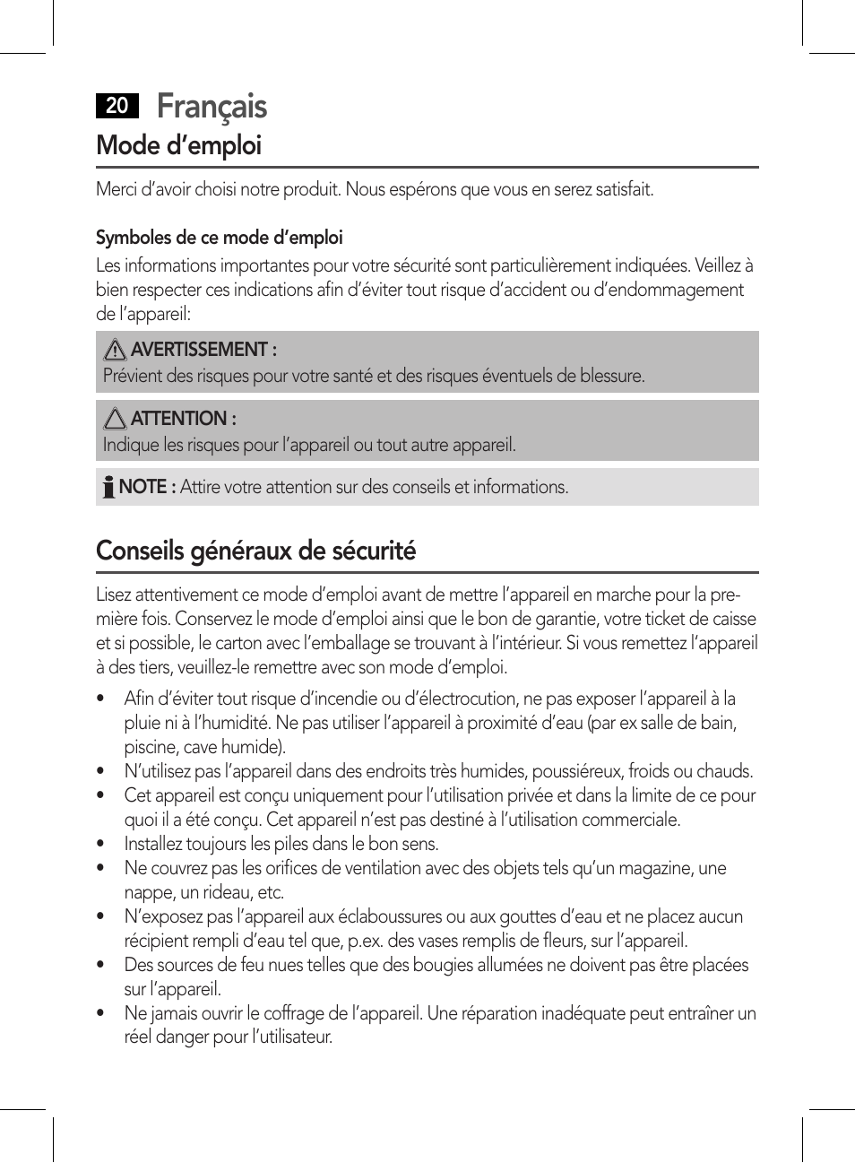 Français, Mode d’emploi, Conseils généraux de sécurité | AEG CDP 4226 schwarz User Manual | Page 20 / 78