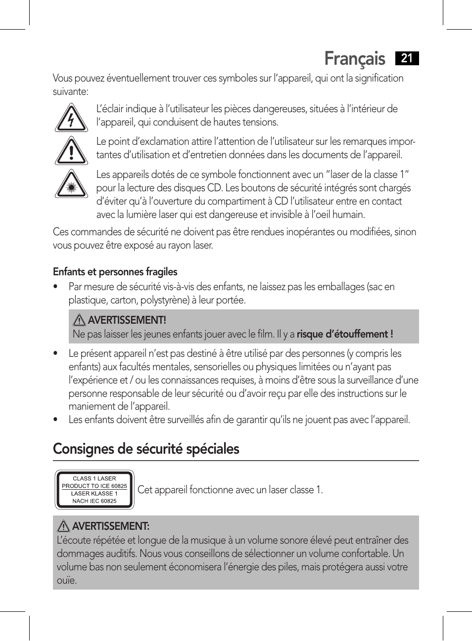 Français, Consignes de sécurité spéciales | AEG CDP 4226 schwarz User Manual | Page 21 / 78