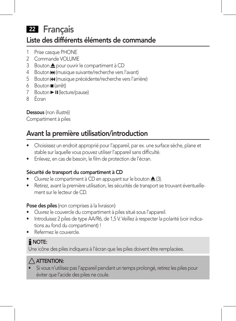 Français, Liste des différents éléments de commande, Avant la première utilisation/introduction | AEG CDP 4226 schwarz User Manual | Page 22 / 78