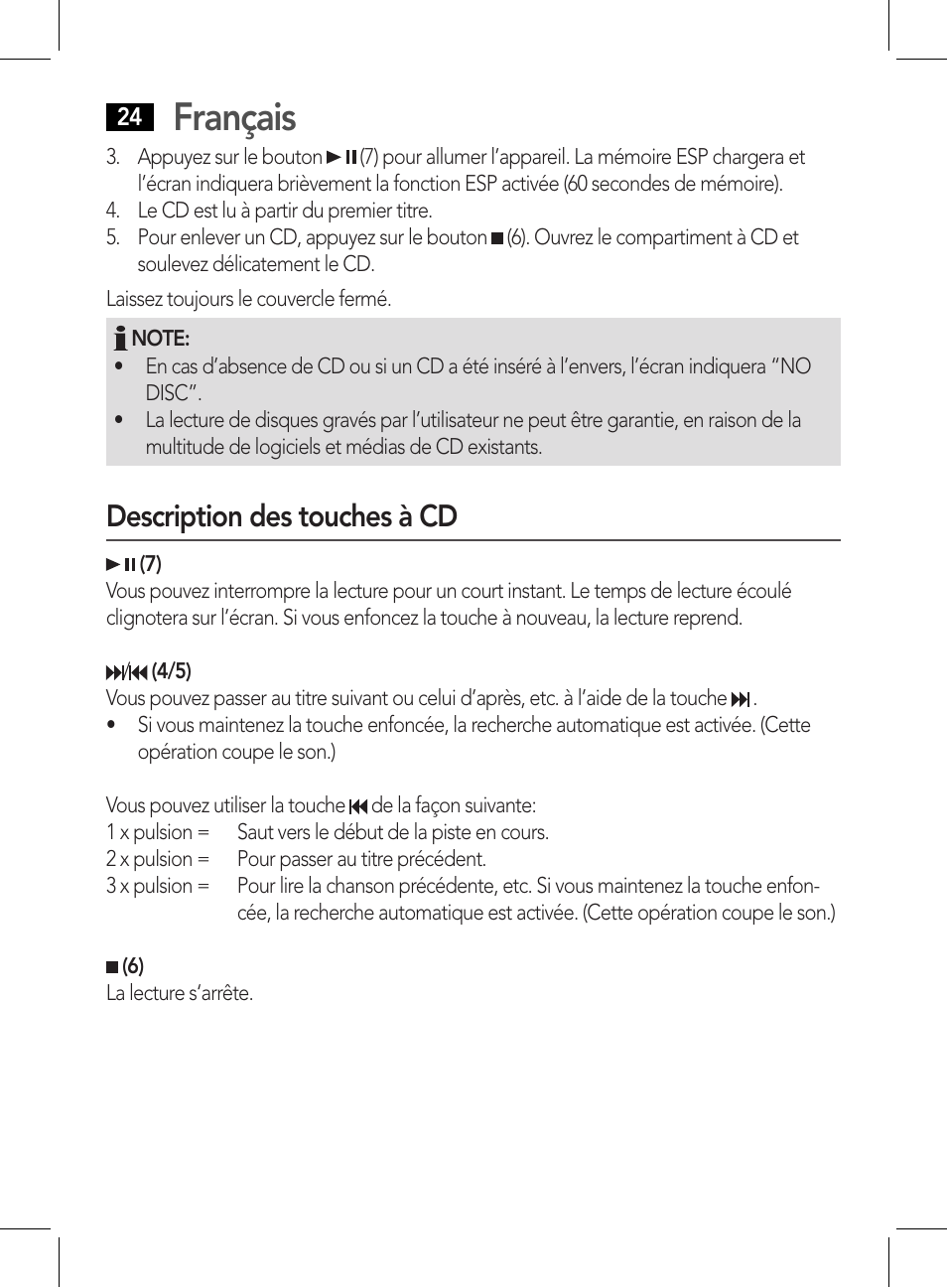Français, Description des touches à cd | AEG CDP 4226 schwarz User Manual | Page 24 / 78