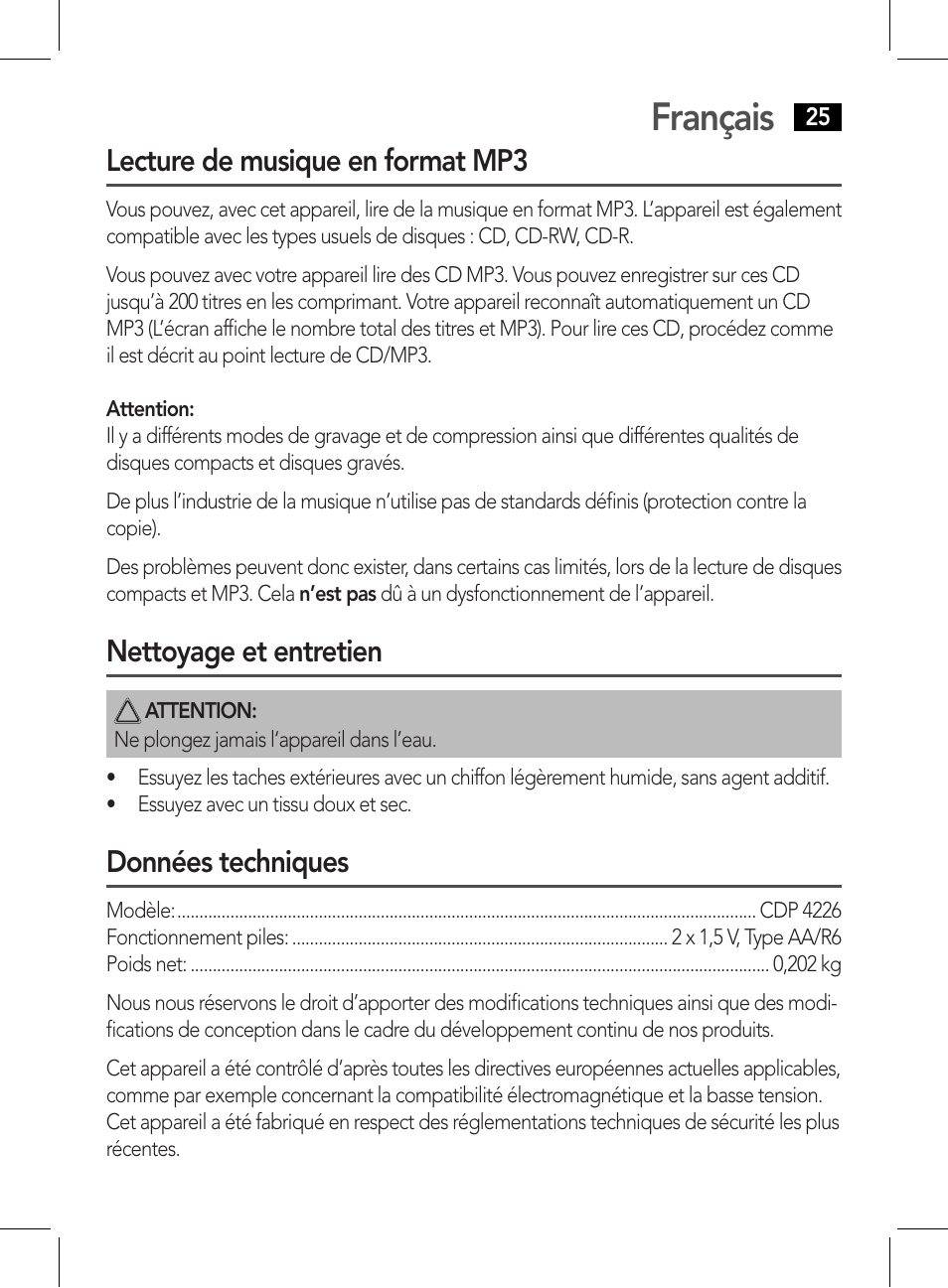 Français, Lecture de musique en format mp3, Nettoyage et entretien | Données techniques | AEG CDP 4226 schwarz User Manual | Page 25 / 78