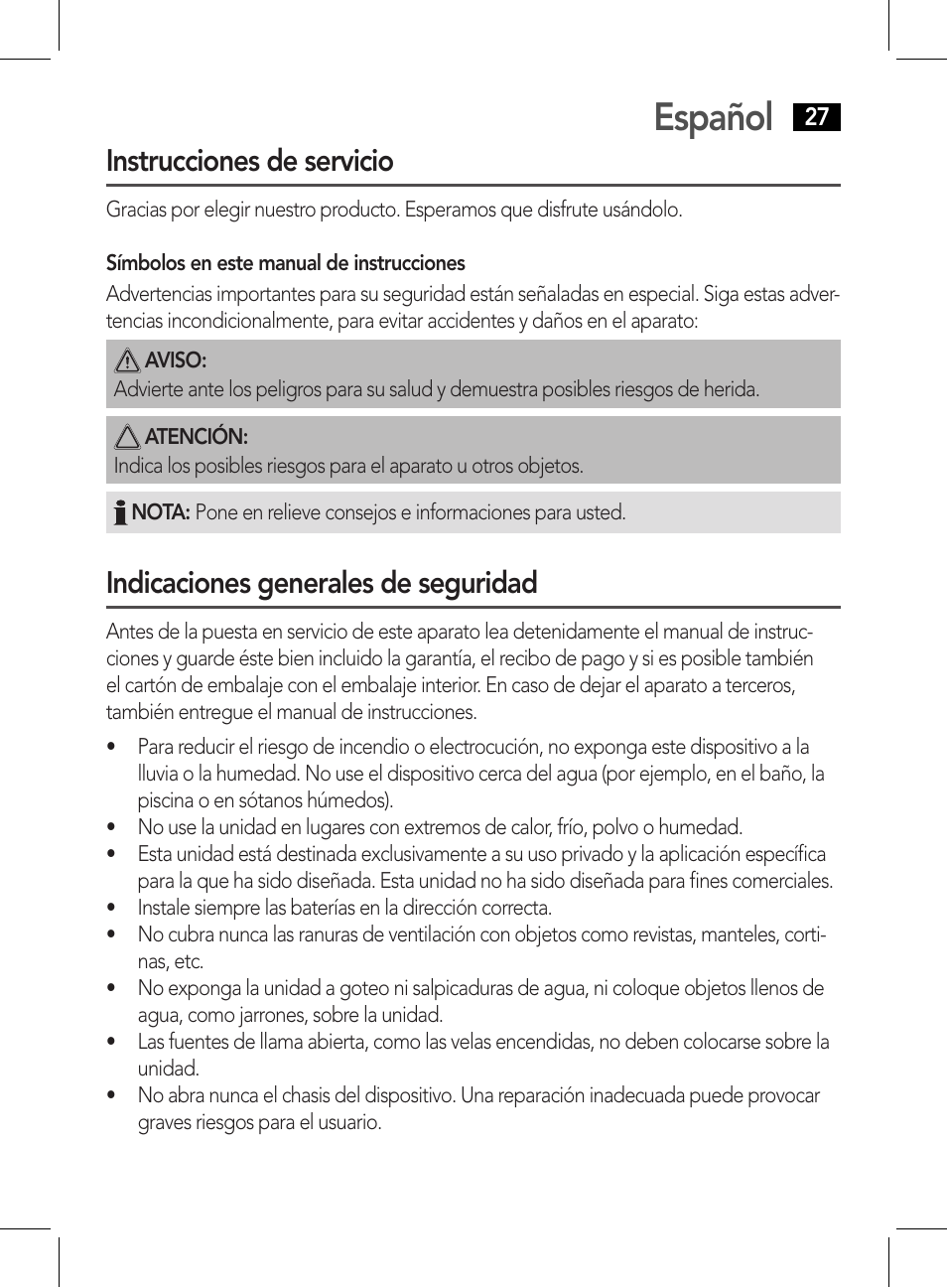 Español, Instrucciones de servicio, Indicaciones generales de seguridad | AEG CDP 4226 schwarz User Manual | Page 27 / 78