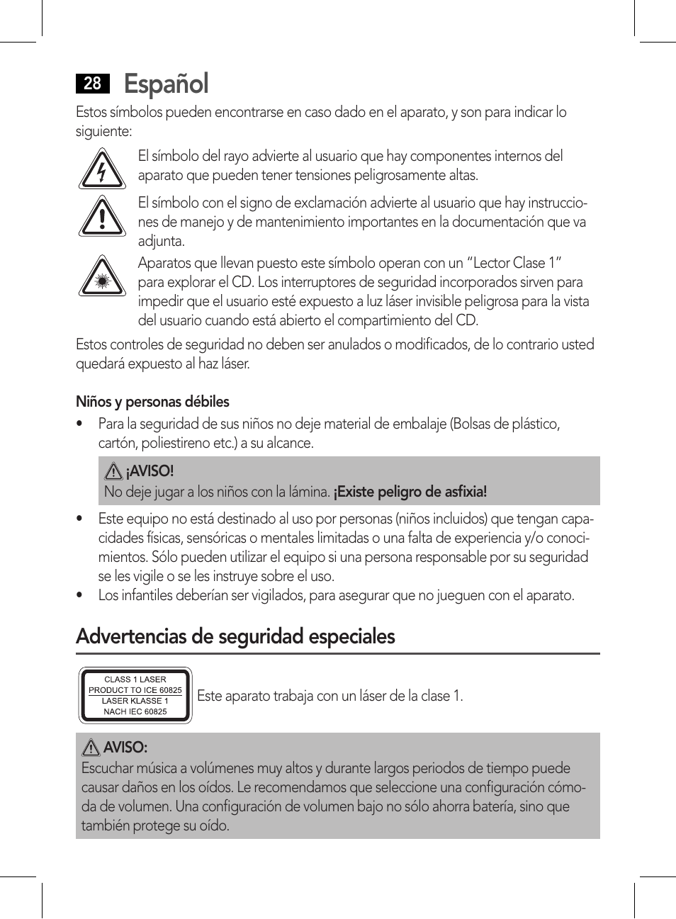 Español, Advertencias de seguridad especiales | AEG CDP 4226 schwarz User Manual | Page 28 / 78