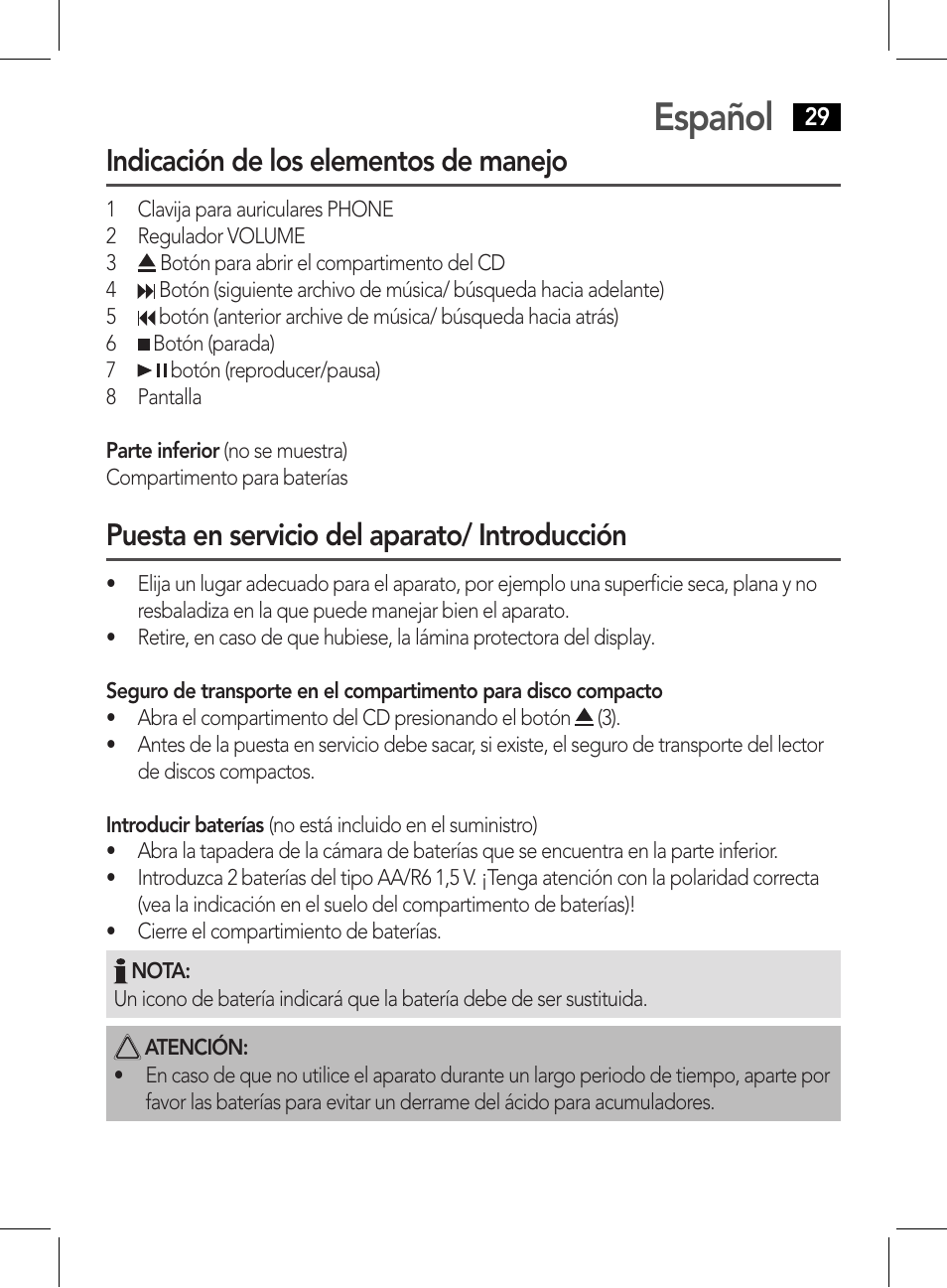 Español, Indicación de los elementos de manejo, Puesta en servicio del aparato/ introducción | AEG CDP 4226 schwarz User Manual | Page 29 / 78