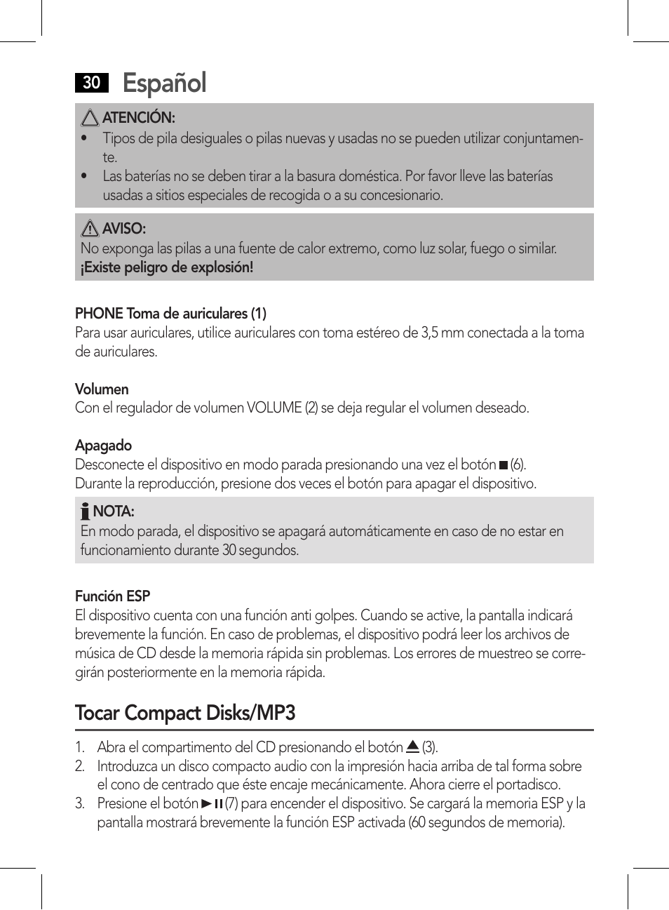 Español, Tocar compact disks/mp3 | AEG CDP 4226 schwarz User Manual | Page 30 / 78