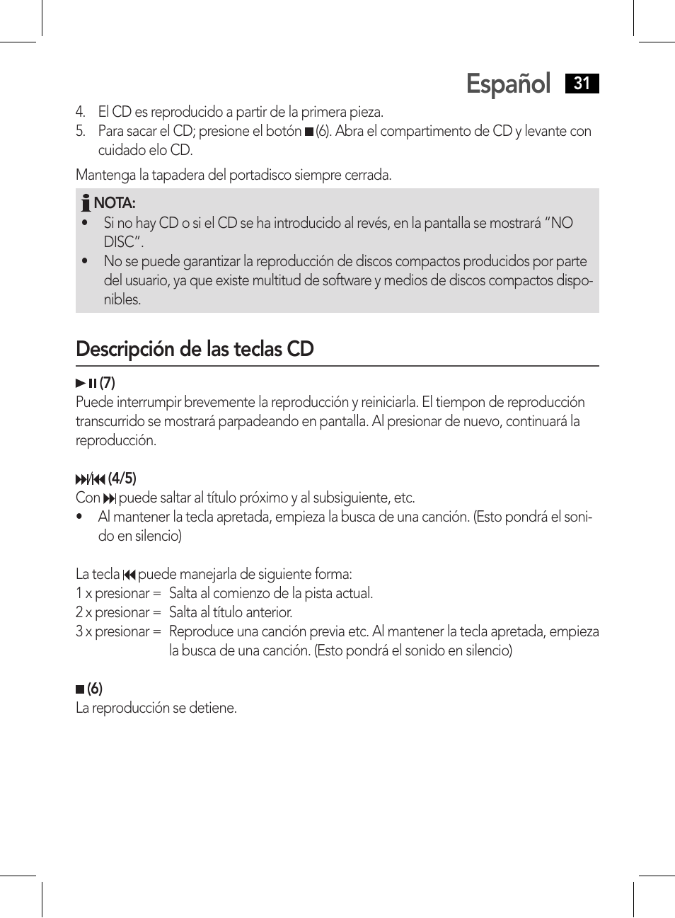 Español, Descripción de las teclas cd | AEG CDP 4226 schwarz User Manual | Page 31 / 78