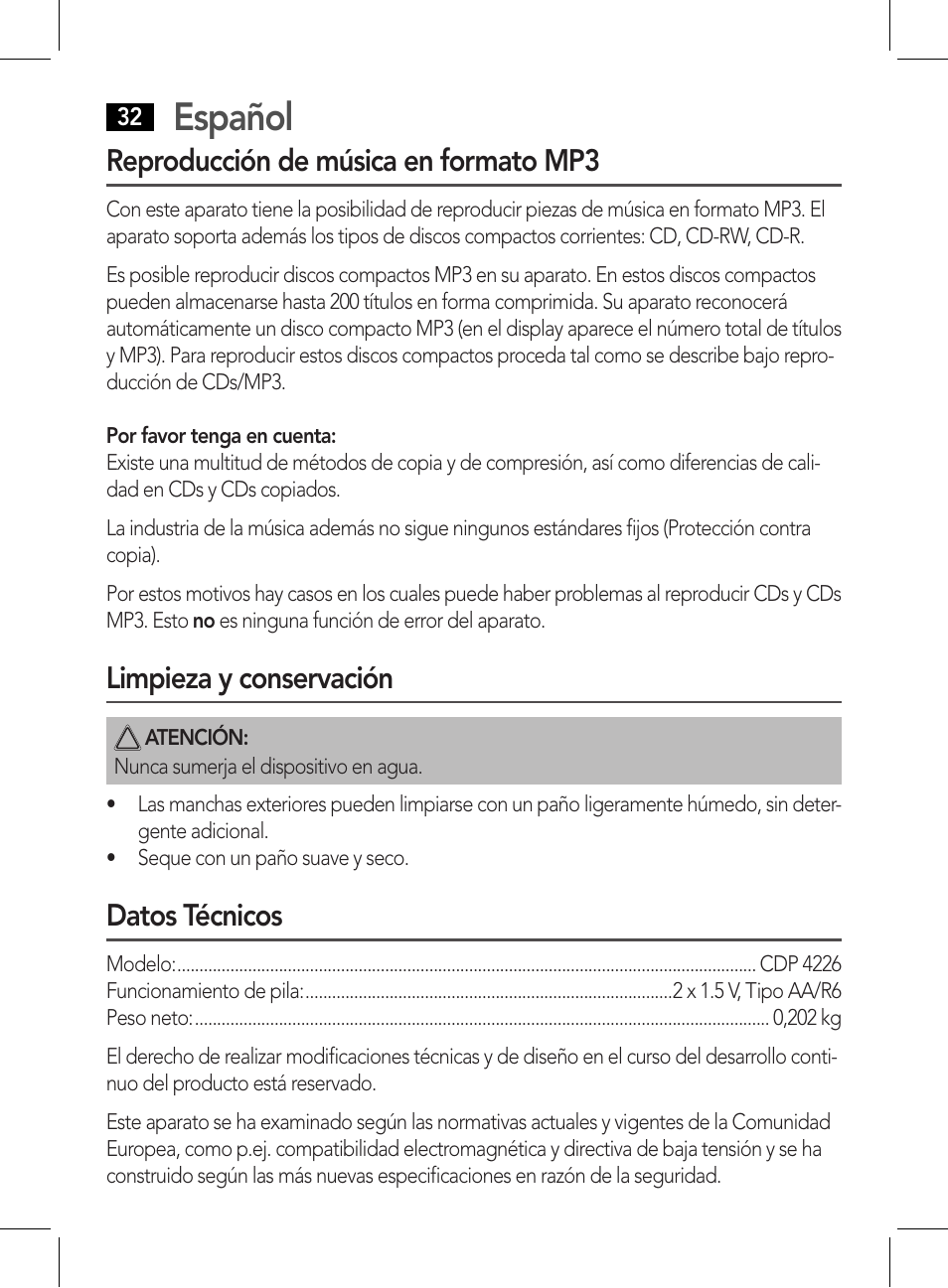 Español, Reproducción de música en formato mp3, Limpieza y conservación | Datos técnicos | AEG CDP 4226 schwarz User Manual | Page 32 / 78