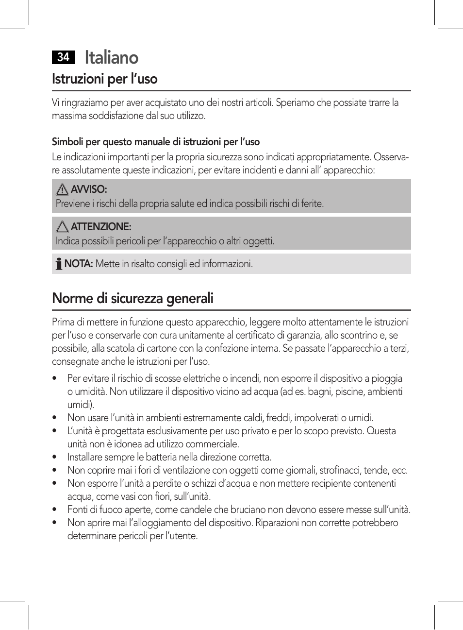 Italiano, Istruzioni per l’uso, Norme di sicurezza generali | AEG CDP 4226 schwarz User Manual | Page 34 / 78
