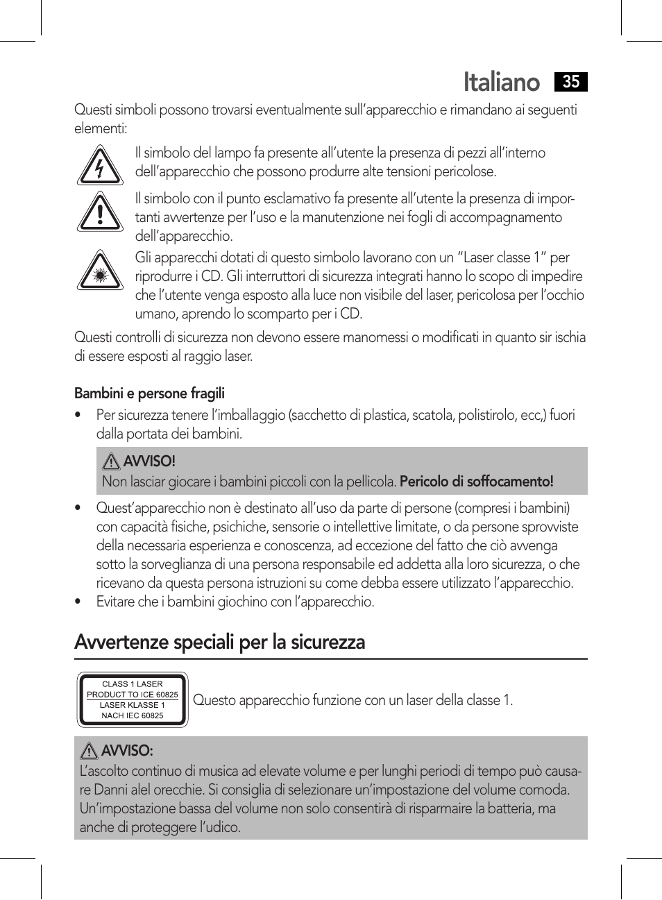 Italiano, Avvertenze speciali per la sicurezza | AEG CDP 4226 schwarz User Manual | Page 35 / 78