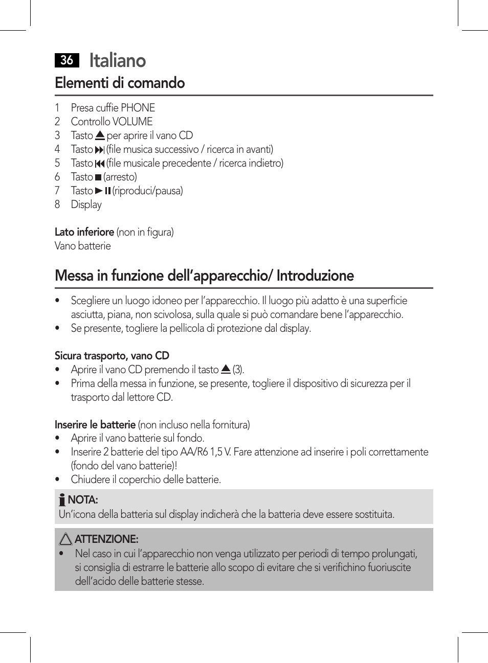 Italiano, Elementi di comando, Messa in funzione dell’apparecchio/ introduzione | AEG CDP 4226 schwarz User Manual | Page 36 / 78