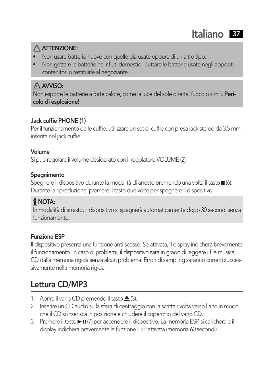 Italiano, Lettura cd/mp3 | AEG CDP 4226 schwarz User Manual | Page 37 / 78