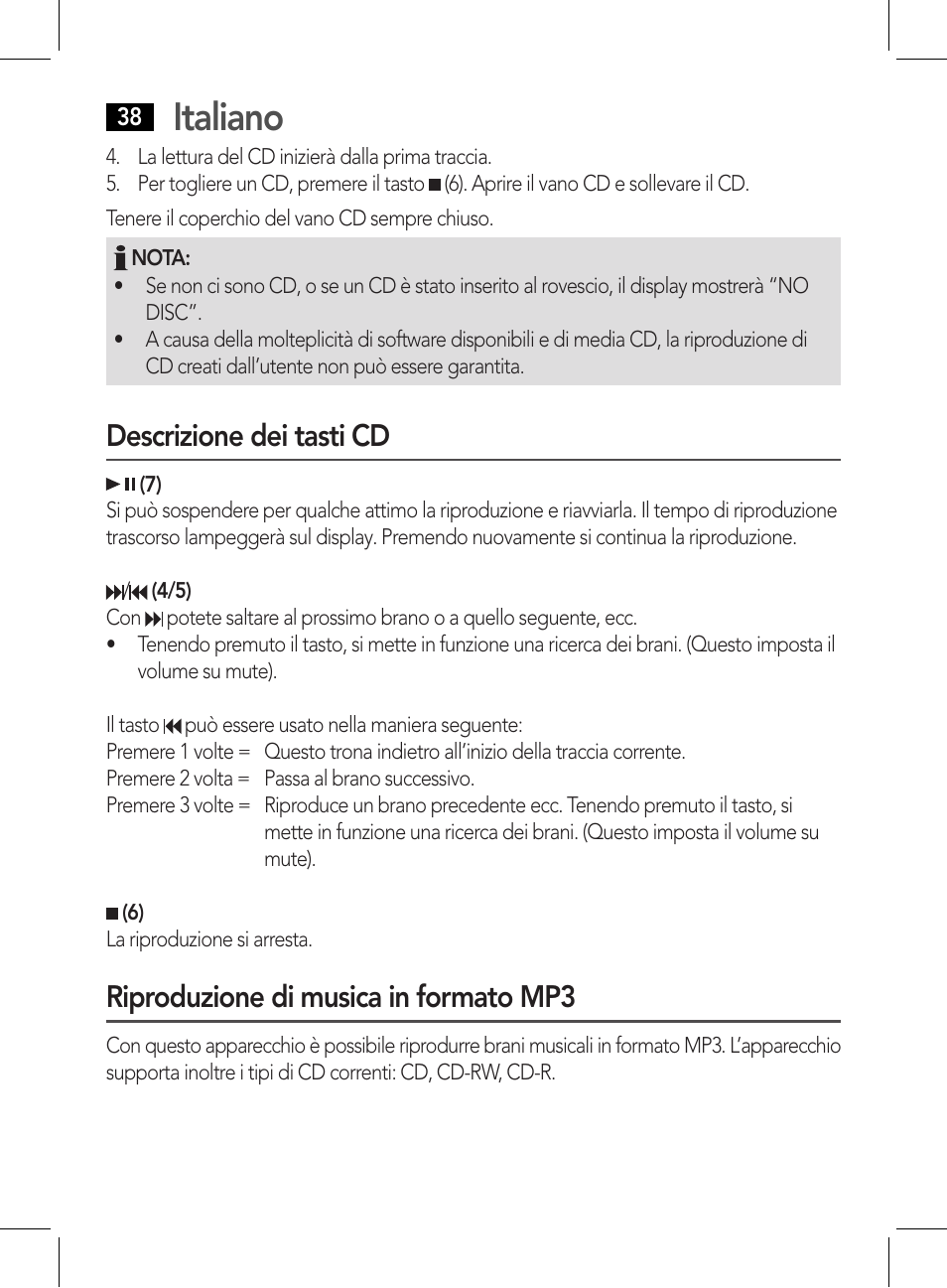 Italiano, Descrizione dei tasti cd, Riproduzione di musica in formato mp3 | AEG CDP 4226 schwarz User Manual | Page 38 / 78