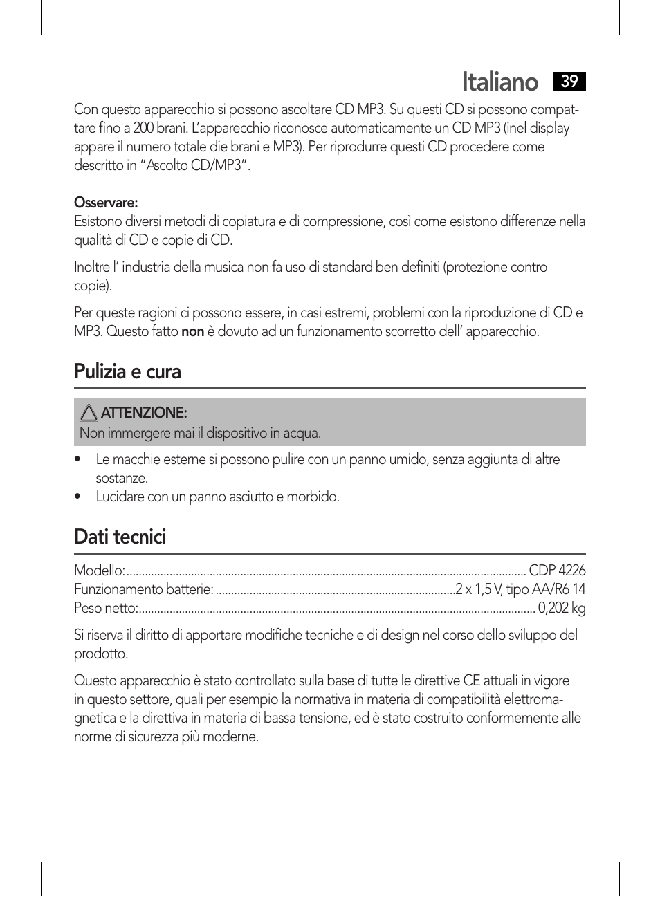 Italiano, Pulizia e cura, Dati tecnici | AEG CDP 4226 schwarz User Manual | Page 39 / 78