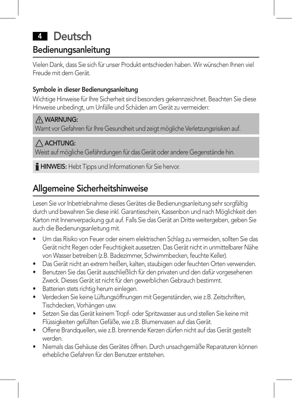 Deutsch, Bedienungsanleitung, Allgemeine sicherheitshinweise | AEG CDP 4226 schwarz User Manual | Page 4 / 78