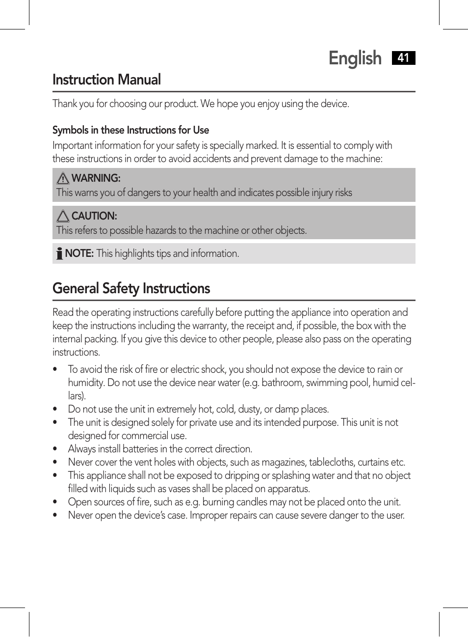English, Instruction manual, General safety instructions | AEG CDP 4226 schwarz User Manual | Page 41 / 78