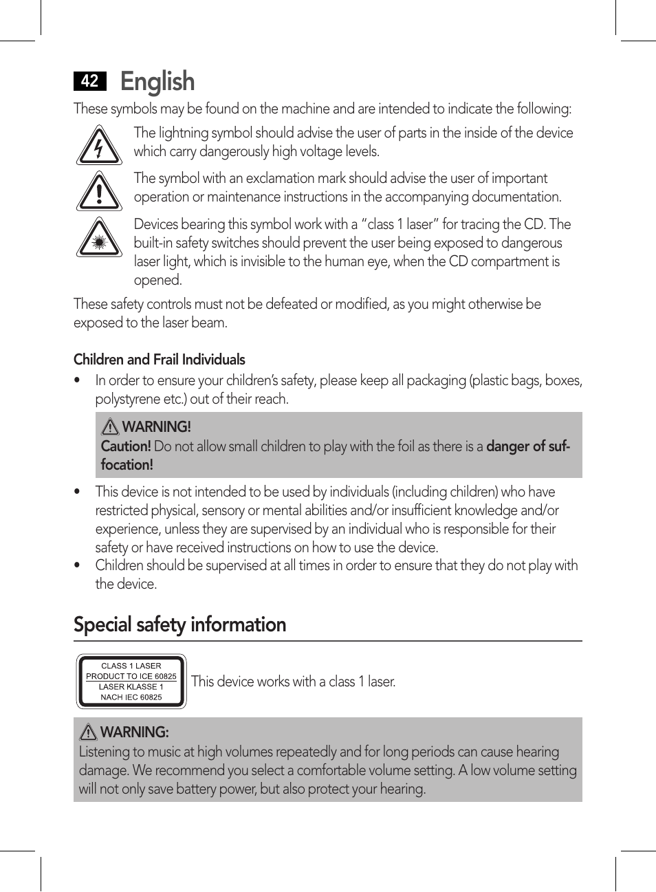 English, Special safety information | AEG CDP 4226 schwarz User Manual | Page 42 / 78