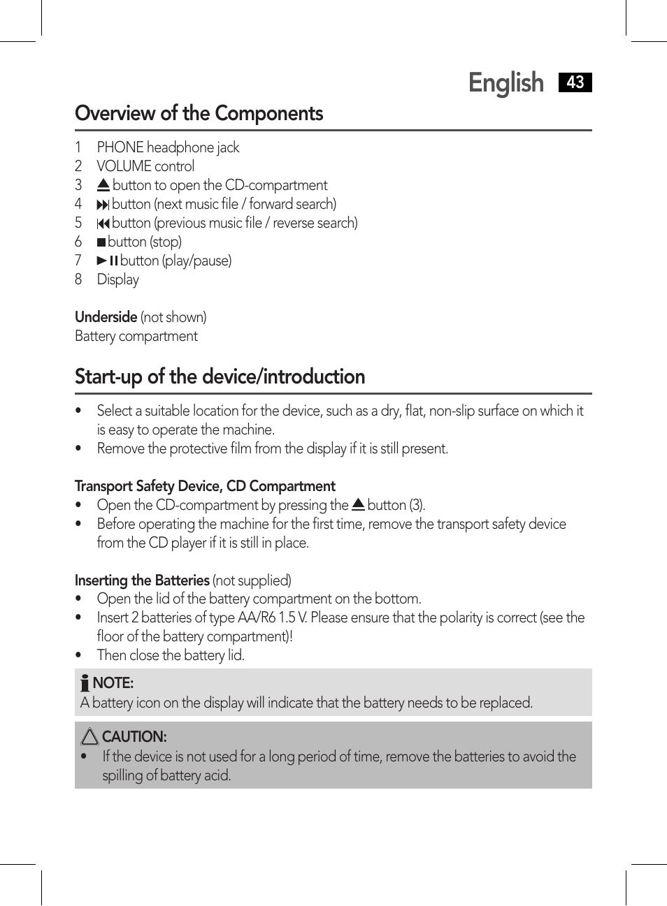 English, Overview of the components, Start-up of the device/introduction | AEG CDP 4226 schwarz User Manual | Page 43 / 78
